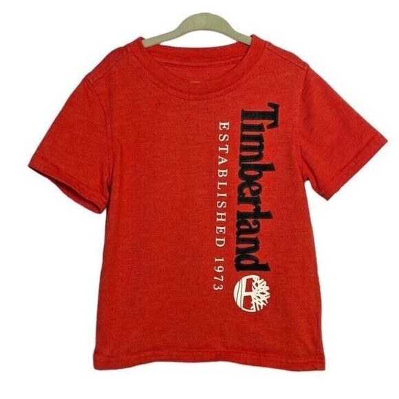 Timberland T- Shirt Boys Size 4 Short Sleeve Red Black Spellout Tee Top - Picture 1 of 7